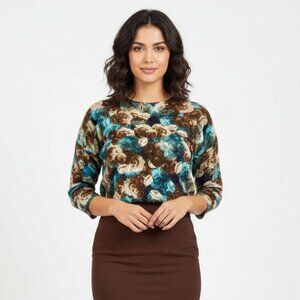 Talbots 100% Merino Wool Blue & Brown Dark Floral Print Crew Neck Sweater M